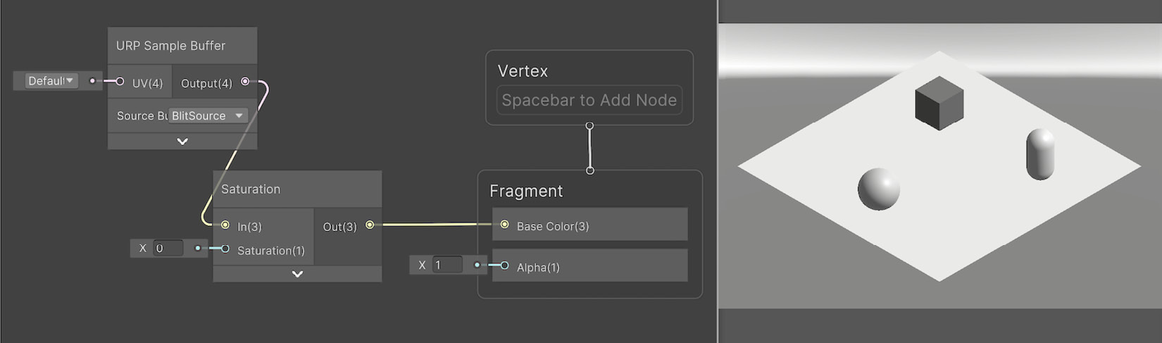 Figure 14.9 – Result and graph of the Grayscale shader