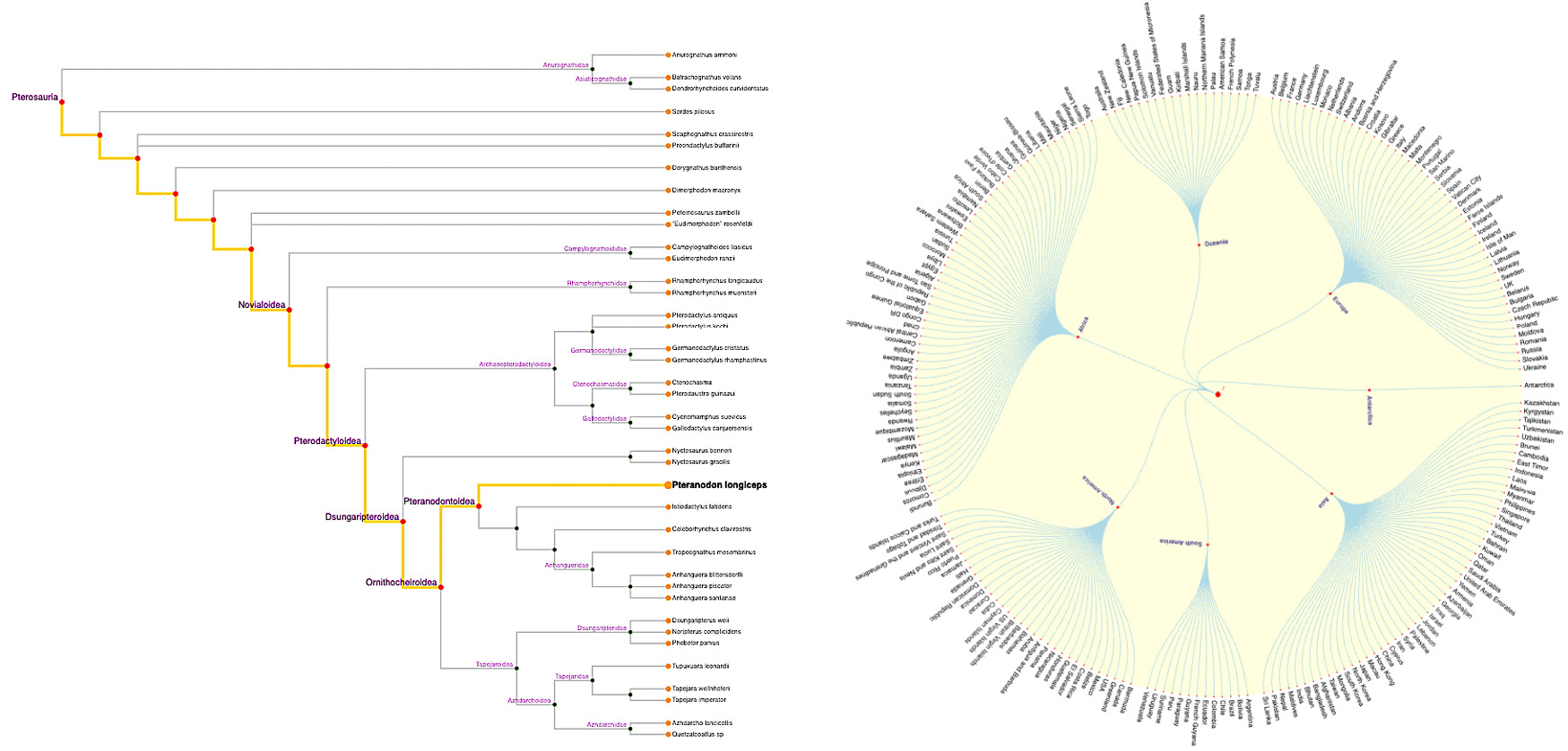 Figure 15.5 – Two dendrograms created with D3: a phylogenetic chart and a radial tree connecting countries and continents. Code: Examples/ folder