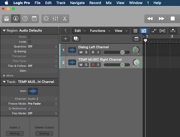 Figure 5.62: Renamed audio tracks for Dialog and TEMP MUSIC