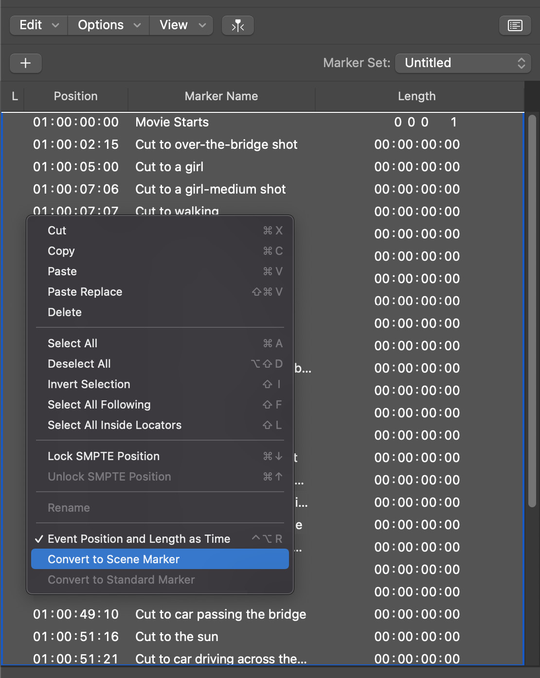 Figure 6.19: Convert to Scene Marker drop-down menu