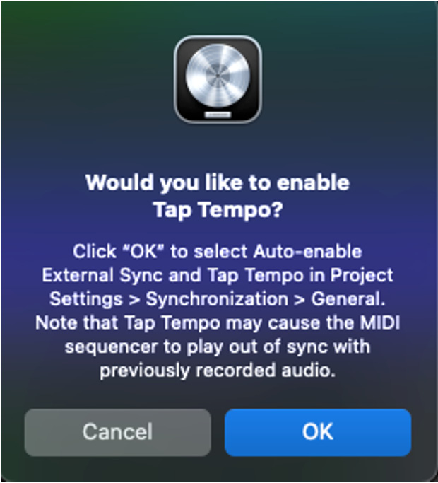 Figure 7.5: Enable Tap Tempo window