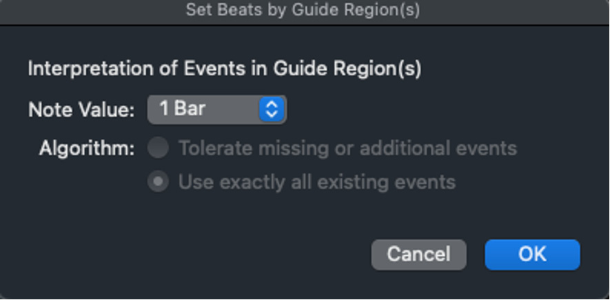 Figure 8.26: Set Beats by Guide Region(s) window