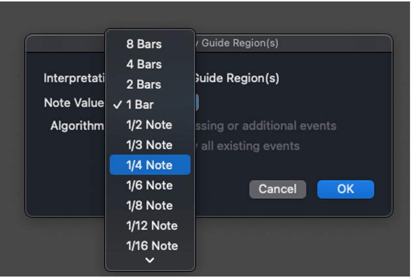 Figure 8.27: Note Value drop-down menu