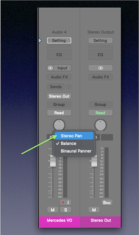 Figure 11.3: Logic Pro pan knob pop-up window