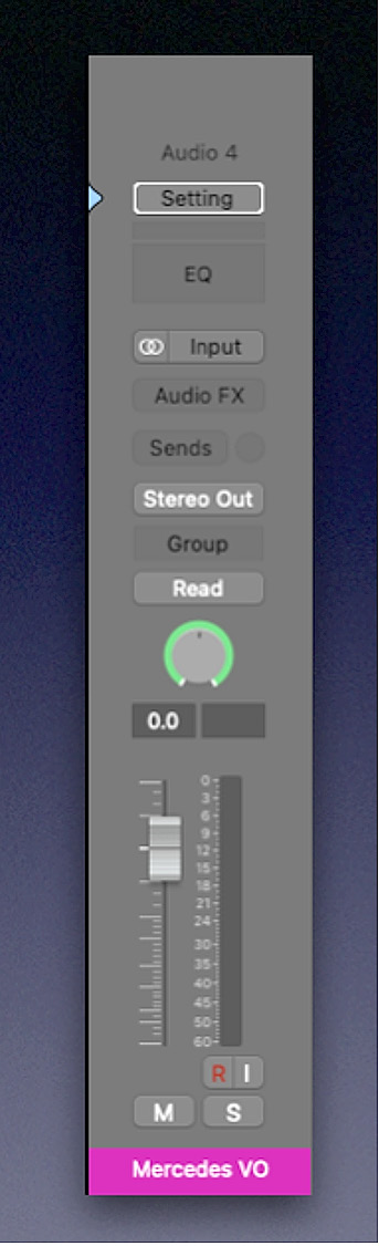 Figure 11.4: Logic Pro channel strip with Stereo Pan visible