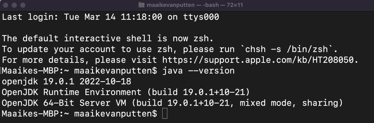 Figure 1.2 – The macOS terminal output where Java 19 is installed