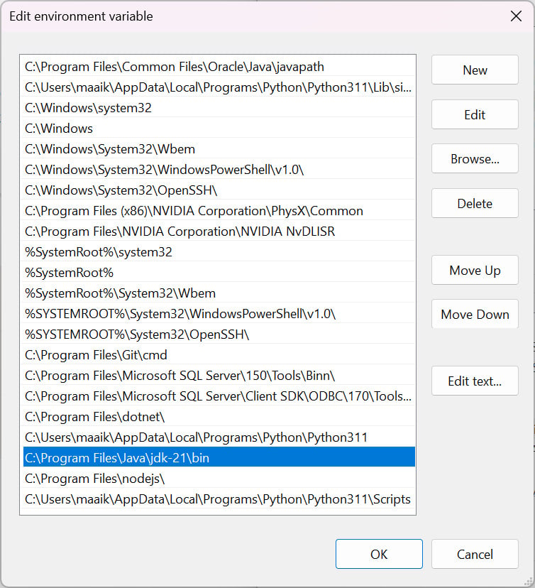 Figure 1.5 – Adding the path to Java to the Path variable