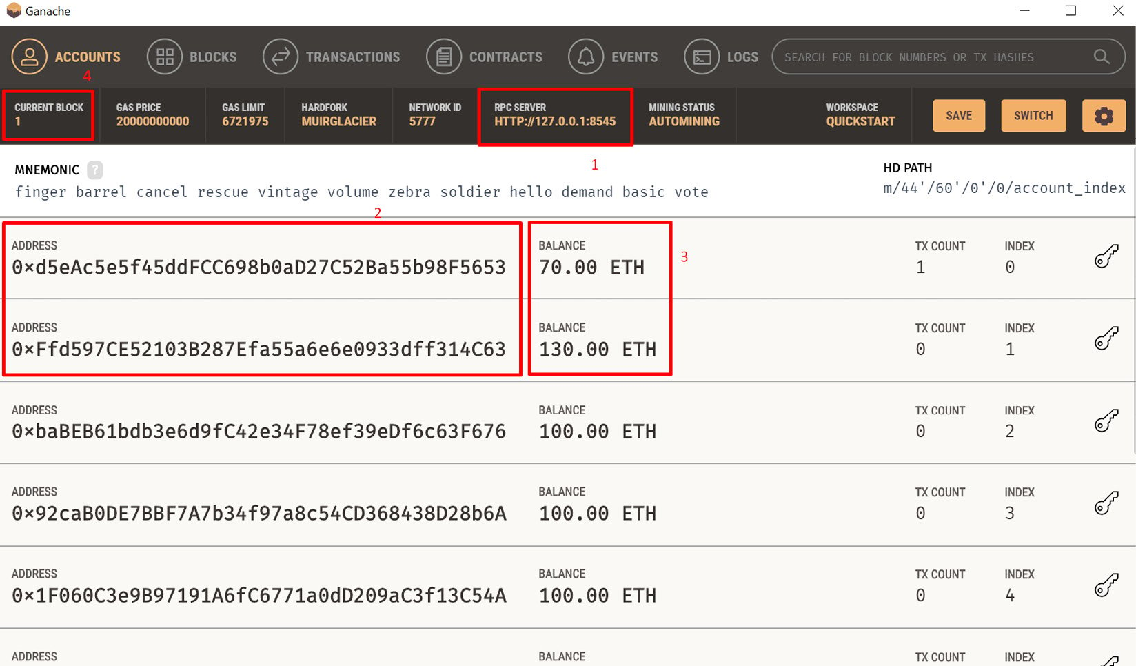 Figure 1.3 – Ganache main page and relevant information to c﻿onnect