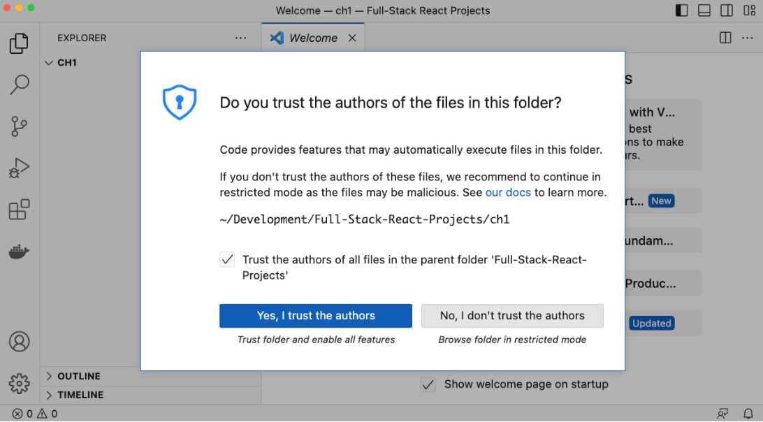 Figure 1.3 – Allowing VS Code to execute files in our project folder