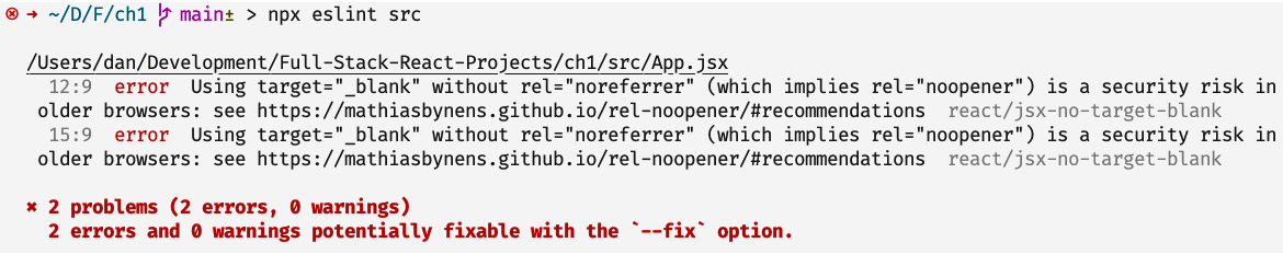 Figure 1.6 – When running ESLint for the first time, we get some errors about rule violations