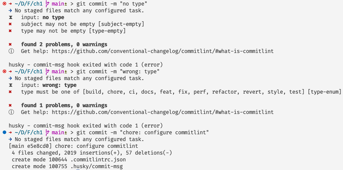 Figure 1.9 – commitlint working successfully and preventing commits without a type and with wrong types