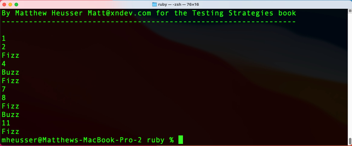 Figure 3.4 – Fizzbuzz output from Matt’s laptop