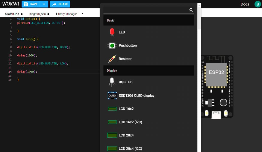 Figure 1.16 – Adding a new part in Wokwi