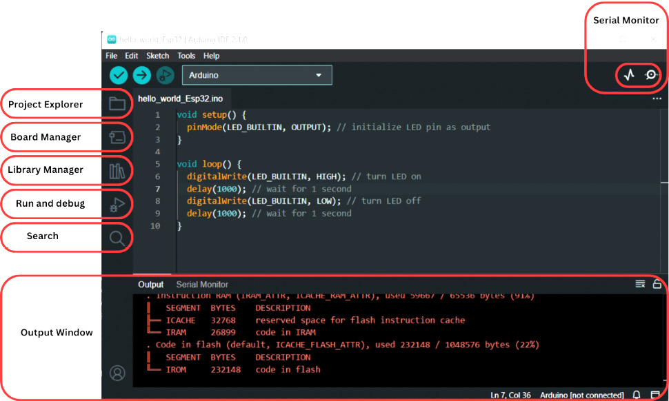 Figure 1.4 – Overview of the Arduino IDE 2.0 user interface