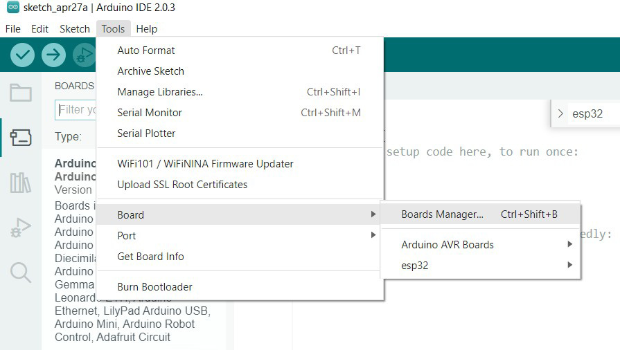 Figure 1.4 – Accessing ﻿Boards Manager on the Arduino IDE