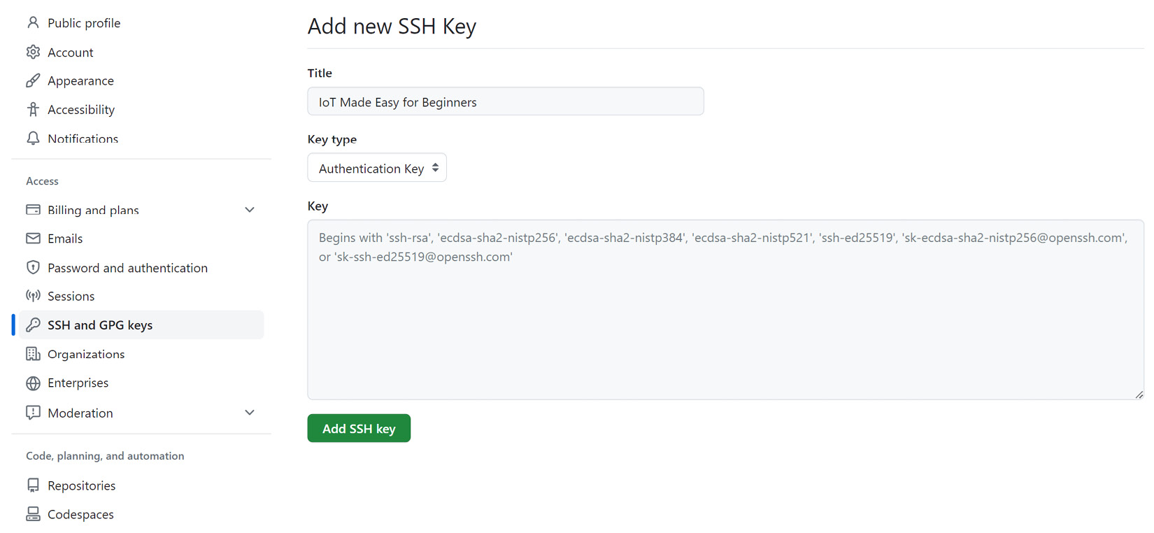 Figure 1.6 – GitHub page to add a new SSH key