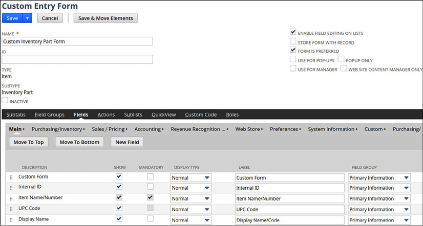 Figure 11.1 – The default Inventory Item form with the fields list 