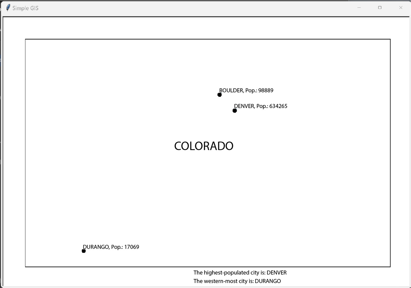 Figure 1.27 – The final output of the SimpleGIS script illustrating a complete GIS in only 60 lines of Python