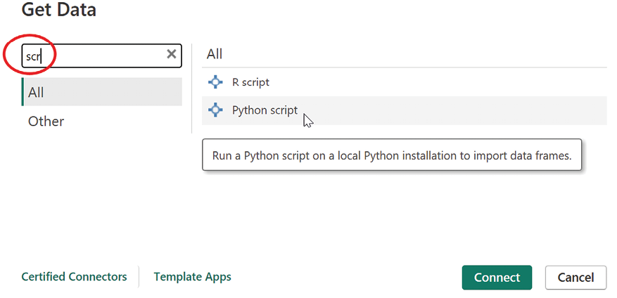 Figure 1.2 – Showing R script and Python script into the Get Data window 