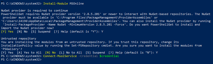 Figure 1.3 – Screenshot of PowerShell commands when installing the MSOnline module