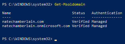 Figure 1.7 – PowerShell screen showing domains found using Get-MsolDomain
