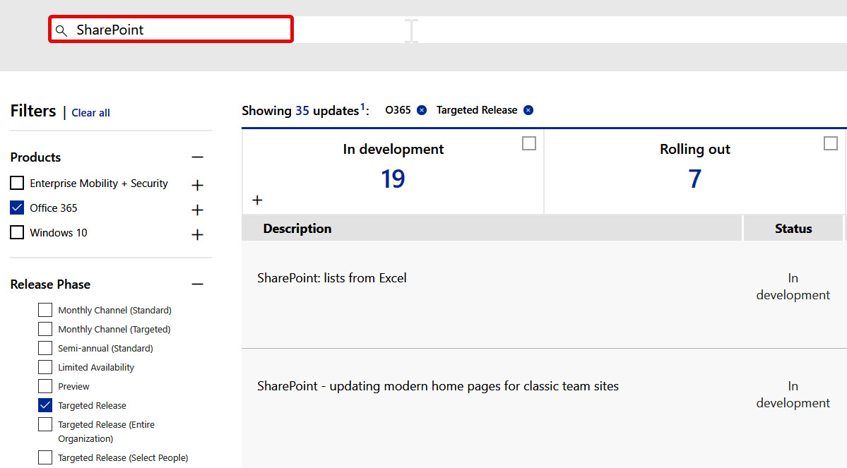 Figure 1.11 – The Microsoft 365 Roadmap's search function