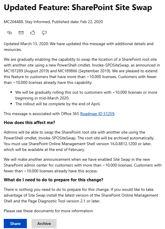 Figure 1.13 – An example message provided in the Office 365 Message center