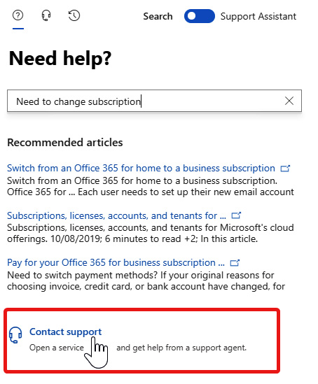 Figure 1.19 – When searching instead of using the assistant, Contact support appears at the bottom