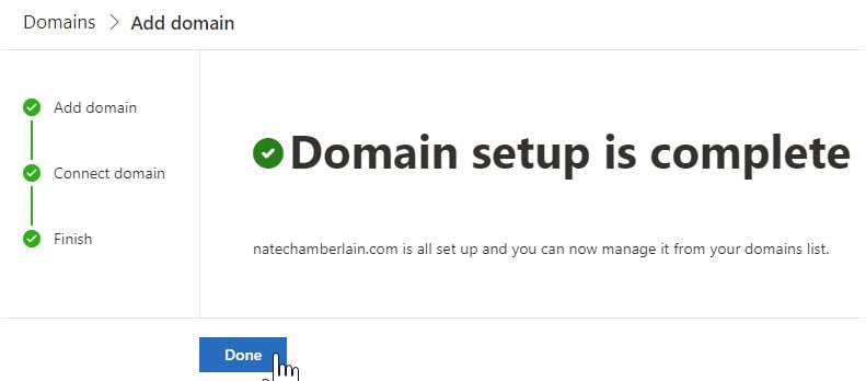Figure 1.26 – The domain setup confirmation screen when adding a domain