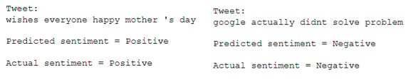 Figure 7.42: Positive (left) and negative (right) tweets and their predictions
