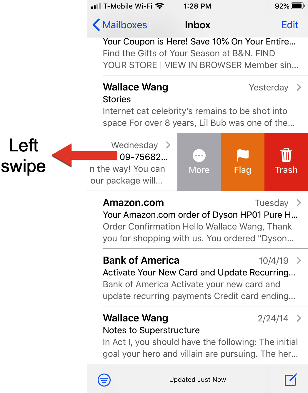 Figure 1.7 – Swiping left displays a list of options for an item in a list