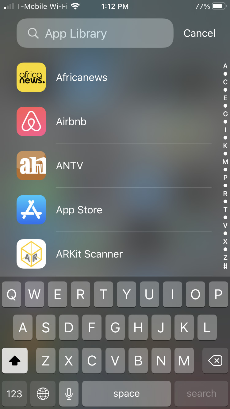 Figure 2.23 – Tapping the App Library search field displays an alphabetical listing of all the installed apps
