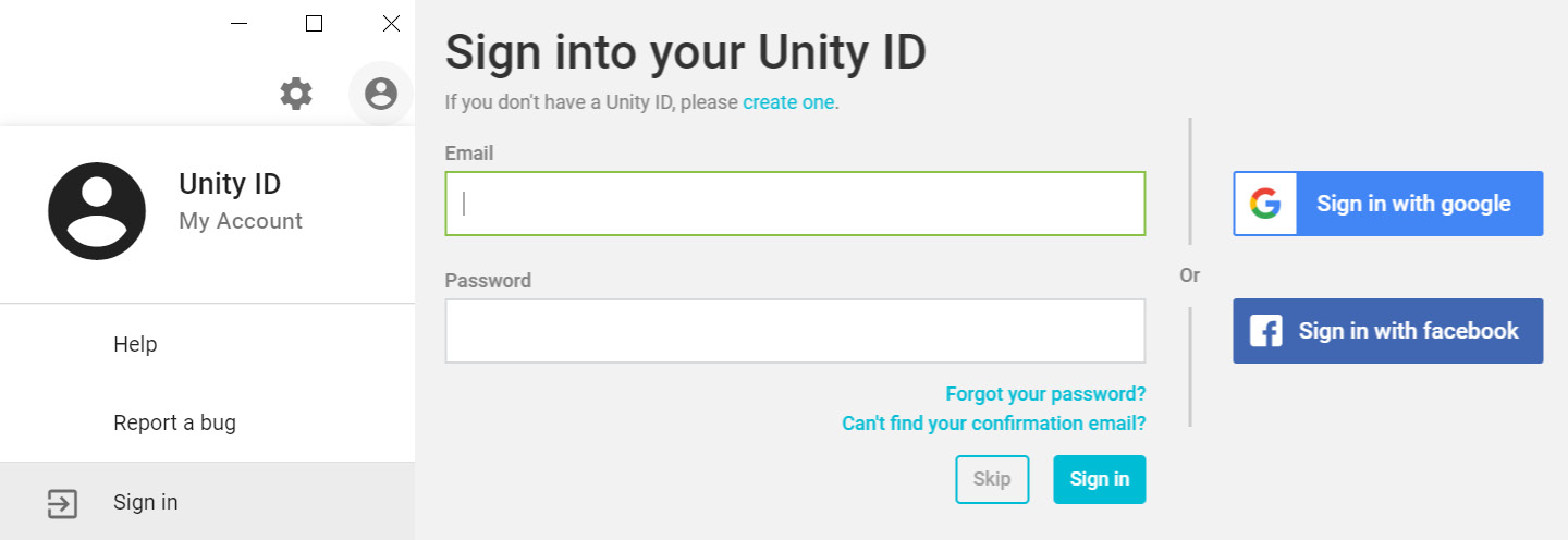 Figure 2.5 – Logging in to Unity Hub
