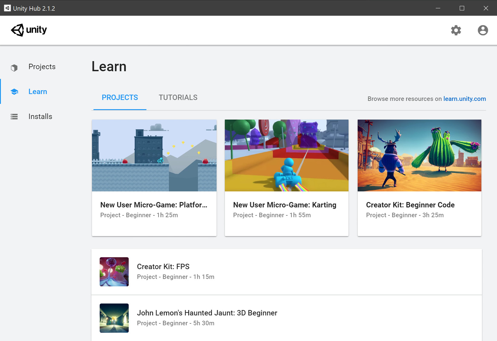 Figure 2.6 – Unity Hub window
