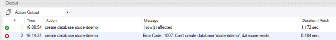 Figure 1.8: Error message displayed in the case of a database with the same name as another database