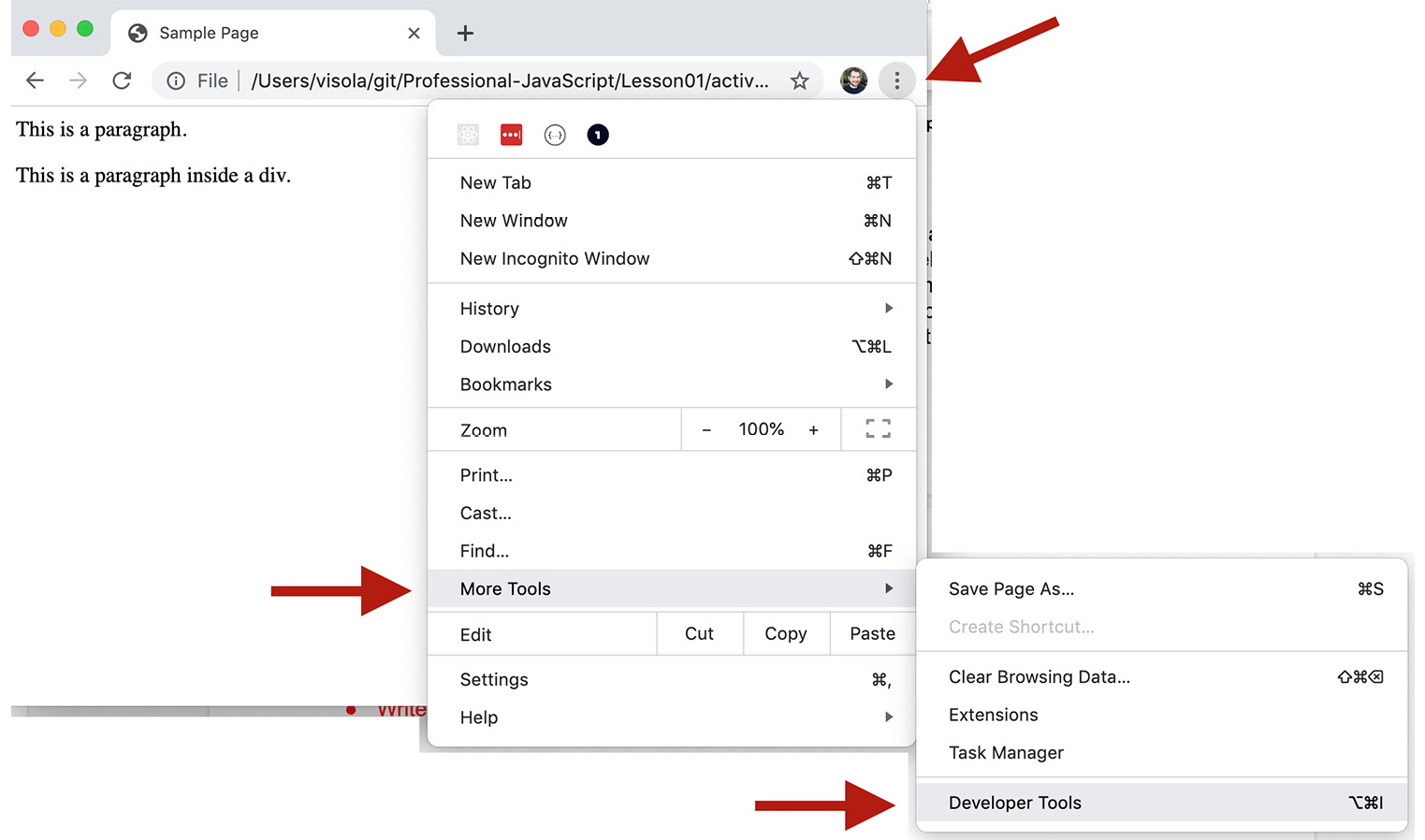 Figure 1.4: Accessing the developer tools in Google Chrome