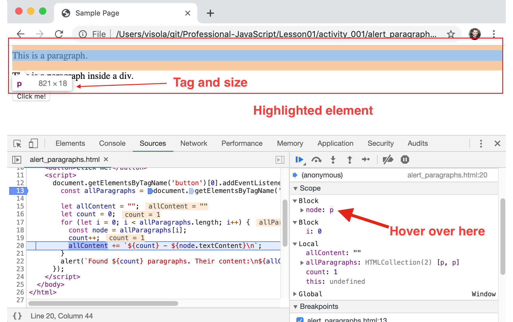 Figure 1.24: Chrome highlights DOM elements when you hover over them in various places