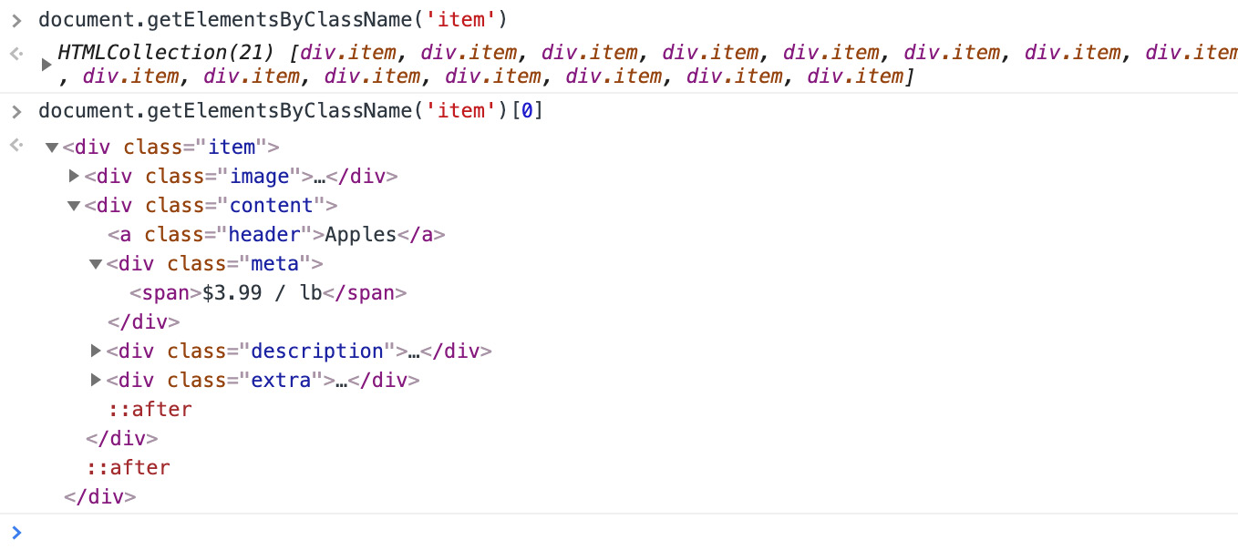 Figure 1.27: The Console tab printing elements from the DOM