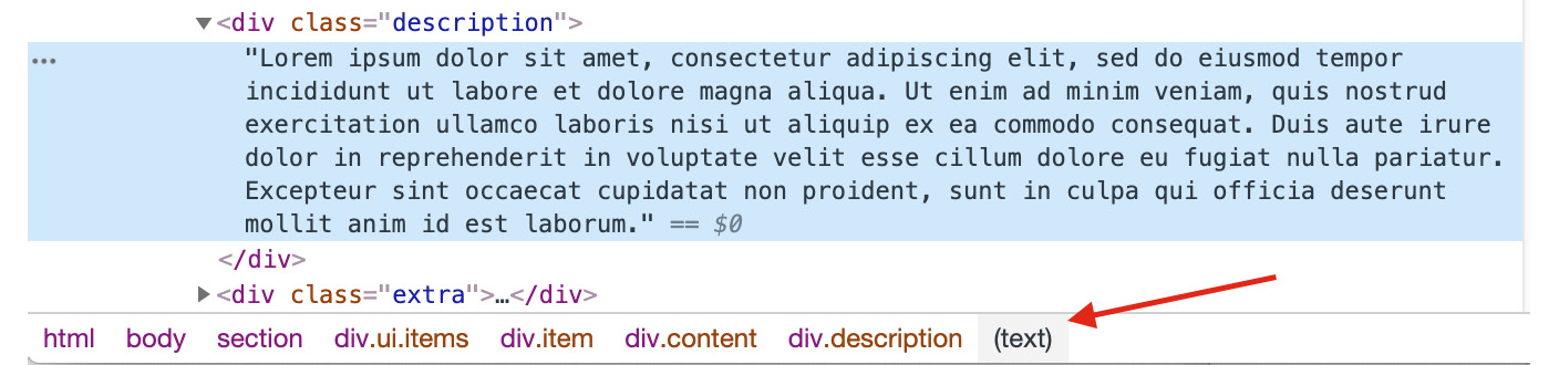 Figure 1.32: The text node selected in the Elements tab