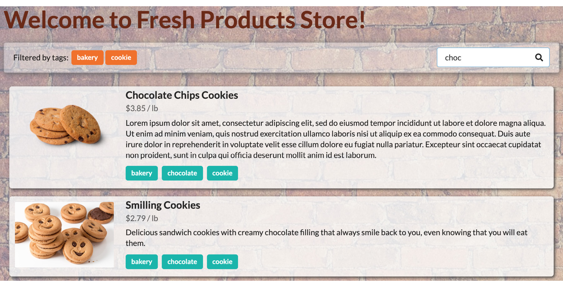 Figure 1.51: The storefront filtered by the two bakery and cookie tags and the word chocolate