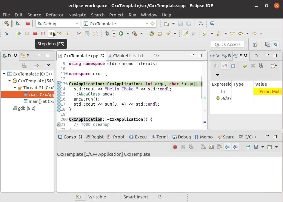 Figure 1.56: Working with the debugger – the Step Into option