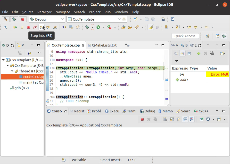 Figure 1.56: Working with the debugger – the Step Into option
