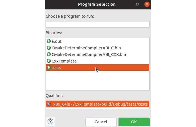 Figure 1.27: Creating the test run configuration and selecting the tests executable

