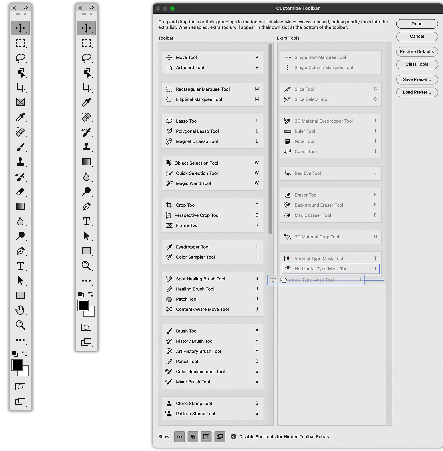 Figure 1.13: The customized Toolbar dialog alongside the edited Tools panel