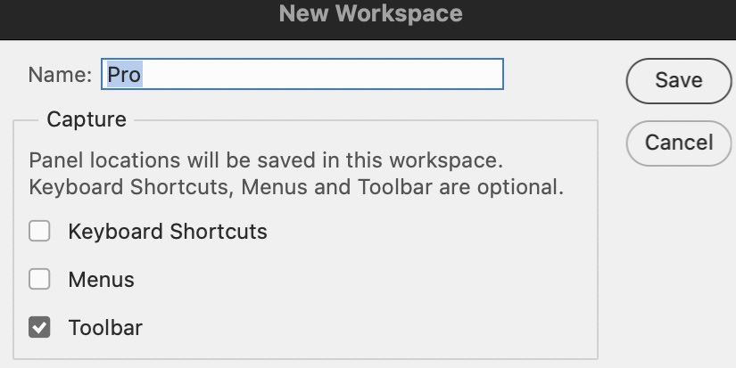 Figure 1.14: The New Workspace dialog captures panel locations, shortcuts, and menus