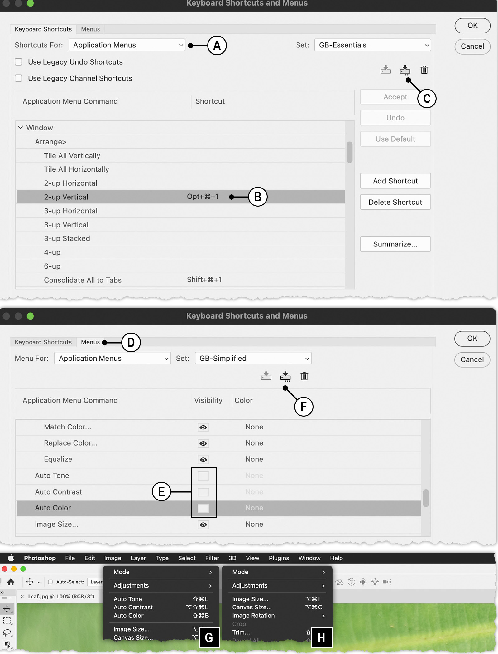 Figure 1.15: You can edit keyboard shortcuts and hide menu items; default (G) and with the three Auto Tone, Auto Contrast, and Auto Color commands hidden (H)