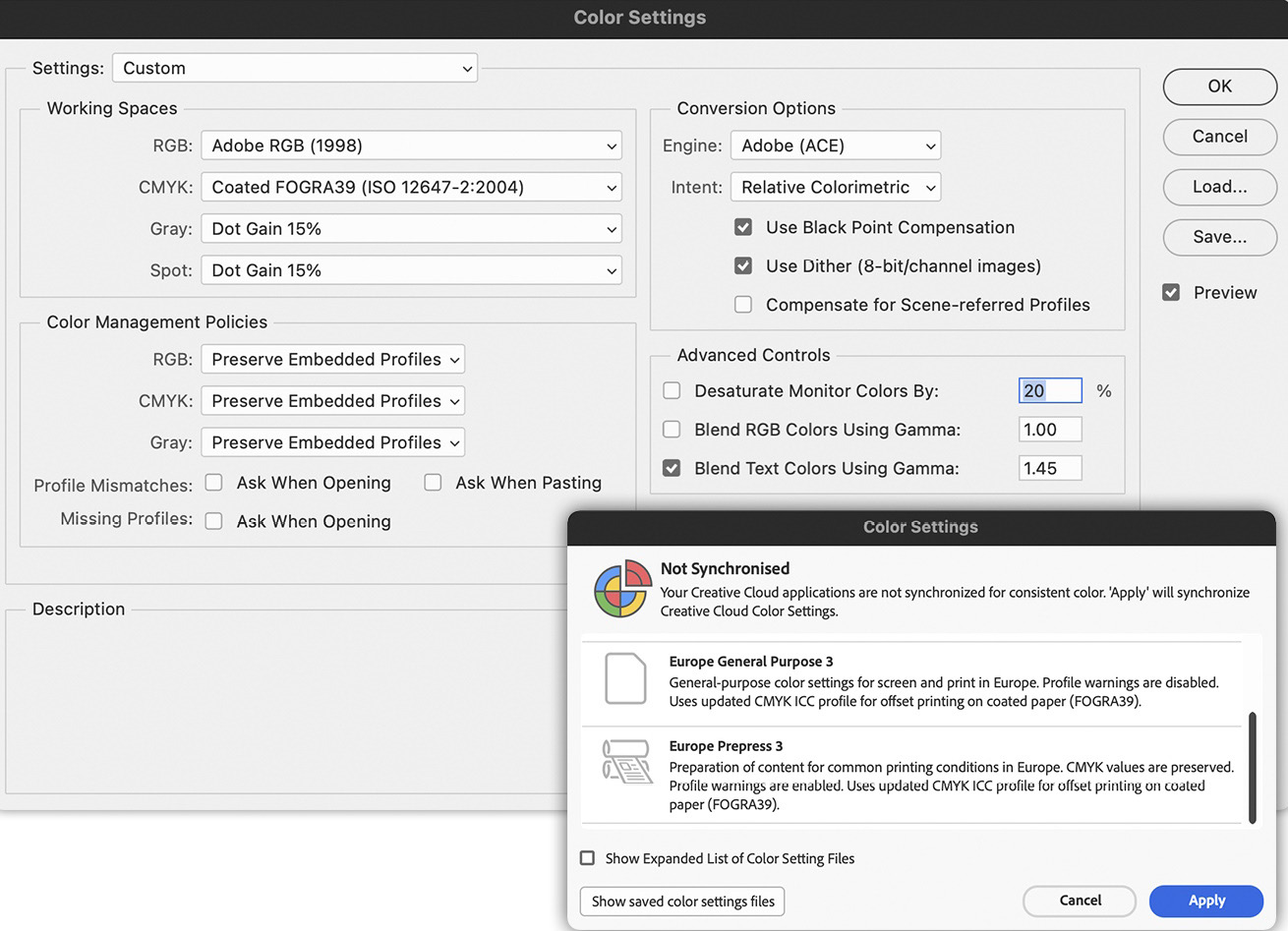 Figure 1.23: Color settings, defined in Photoshop and synchronized in Adobe Bridge