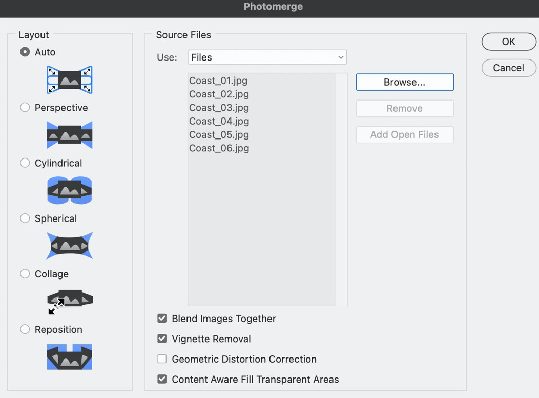 Figure 11.1: Adding images to the Photomerge dialog