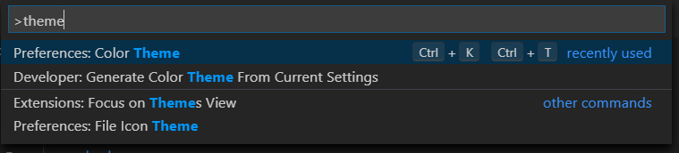 Figure 1.27 – Calling theme settings from the command palette

