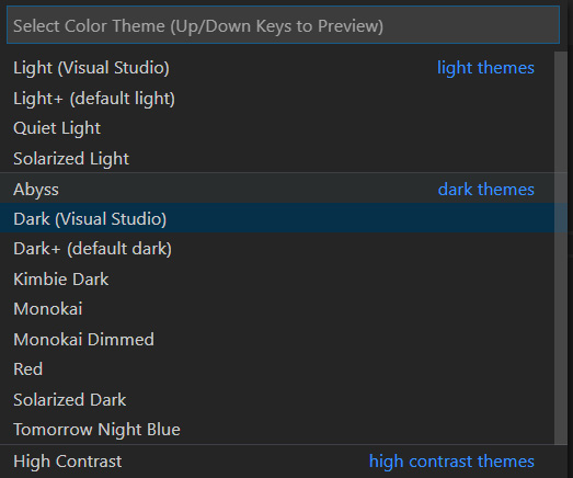 Figure 1.28 – List of themes to choose from in VS Code
